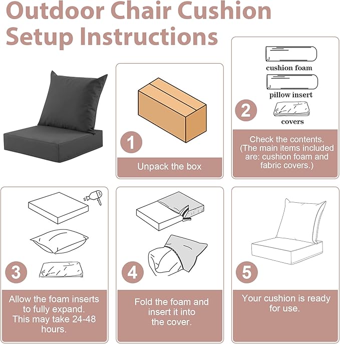 Outdoor Deep Seat Cushion Set, 24x24 Inch Water-Resistant & Fade-Resistant Outdoor Chair Cushions, Patio Furniture Cushions with Removable Cover for Patio Chair, Sofa, Dark Grey (Set of 4)
