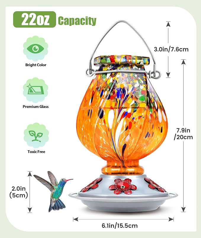 BOLITE Hummingbird Feeder, Hand Blown Glass Hummingbird Feeders for Outdoors Hanging, with 5 Feeding Ports, 22 Ounces, Orange, Birthday Gifts for Women Men, Gifts for Mom Dad