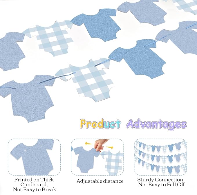 Blue Bodysuit Decoration Banner, Blue Gingham Party Decorations, Baby Shower Party Supplies Birthday Banner Decor for Boys Girls Baby Shower Decorations