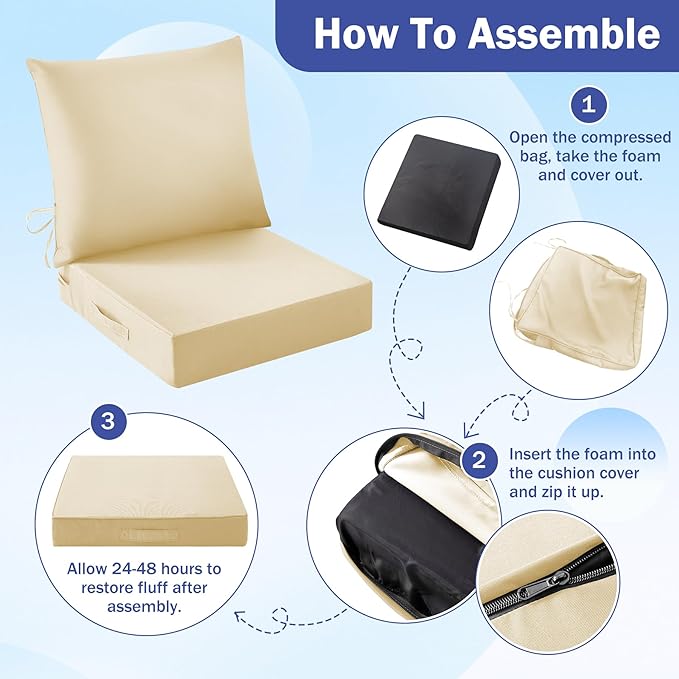 Outdoor Seat Cushion Set, Waterproof & Fade Resistant Patio Chair Cushions, Outdoors Cushion for Patio Furniture, 24 x 24 x 5.75 Inch, Outdoor Couch Cushions with Handle and Ties, Light Khaki