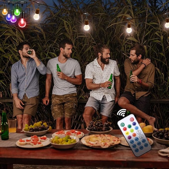 35FT Outdoor String Lights, 16 Shatterproof Edison Bulbs, Dimmable RGB Color Changing Patio Lights with Remote. Solar-Powered & Waterproof for Garden Commercial LED Decorative Lighting.