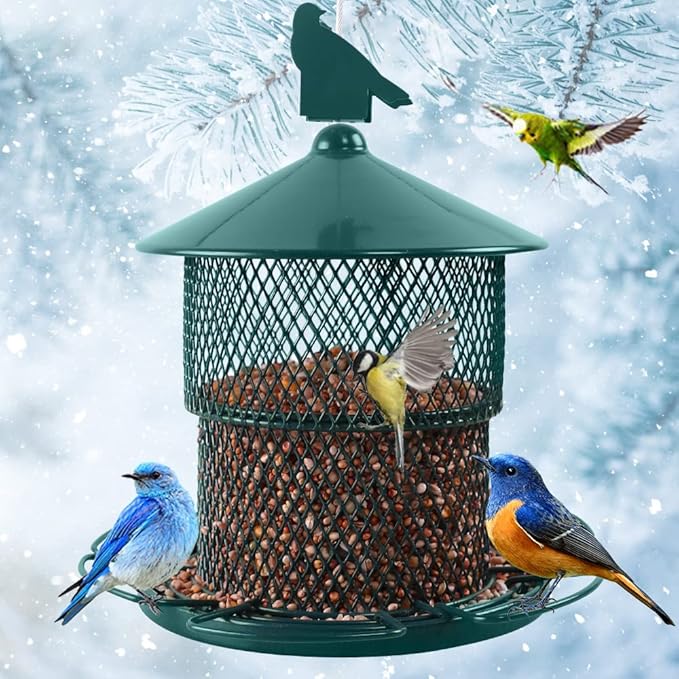 Metal Bird Feeder for Outside, Hanging Bird Feeders Squirrel Proof, 4 Lbs Capacity Iron Mesh Durable Wild Outdoor Birdfeeder with 6 Perches for Finch Cardinals,Gifts for Birds Lovers- Green