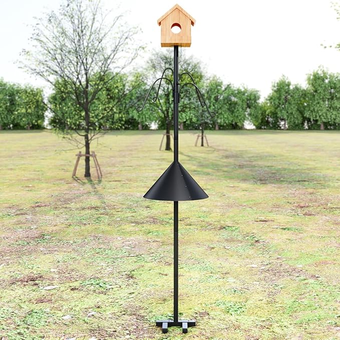 Bird Feeder Pole 101.97 Inch House Stand with Squirrel Proof Baffle Heavy Duty Feeding Station with 4 Shepherd Hooks for Outdoor Garden Yard Black (Bird House Not Included)