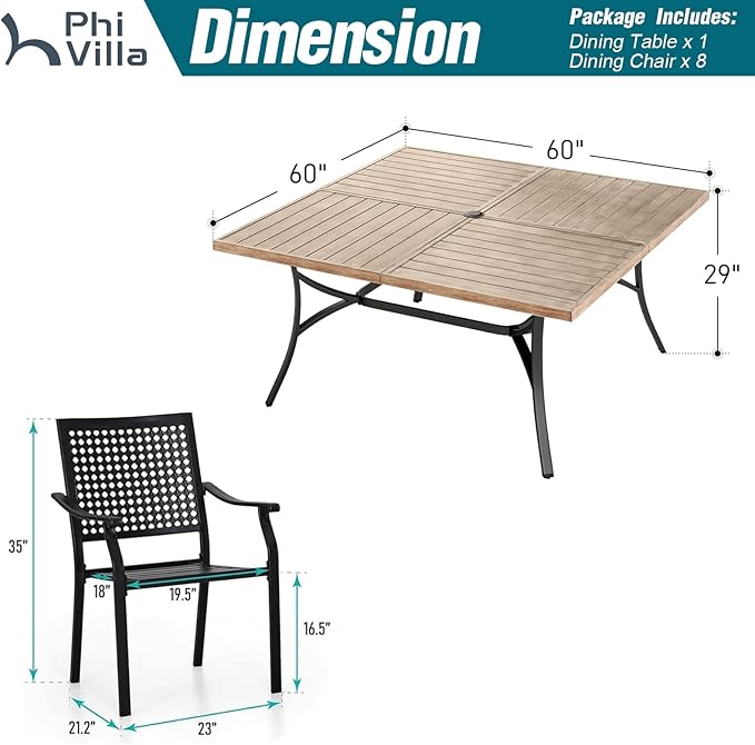 PHI VILLA 9 Pieces Outdoor Dining Set for 8, 60” Square Metal Wood-Like Table & Stackable Steel Chairs with Cushions, Large Furniture Set for Outdoor Deck, Yard, Porch - Black