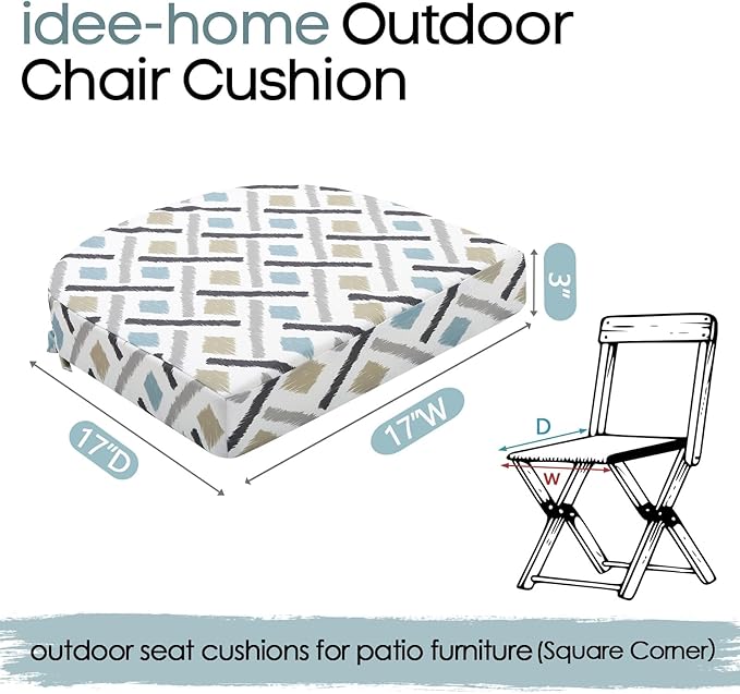 idee-home Outdoor Chair Cushions Set of 2, Thick 17" x 17" x 3" Outdoor Seat Cushions Patio Furniture Waterproof with Ties, Dining Pads