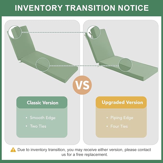 Chaise Lounge Cushions Outdoor - Waterproof and Fade Resistant Sun Lounger Replacement Cushions - Patio Lounger Pads with Removable Cover for Pool, Deck, Lawn, 72 x 21 x 3 Inch, Sage Green