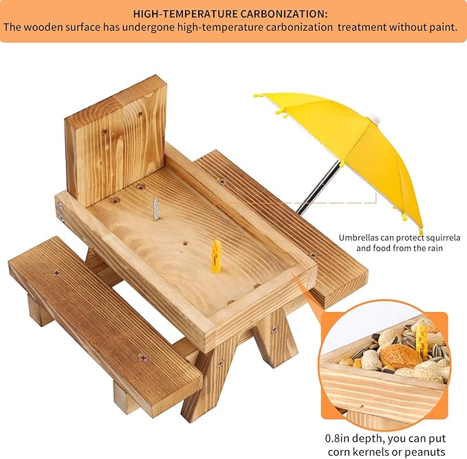 Gnodary Squirrel Feeder with Umbrella, Squirrel Feeders for Outside, Squirrel Picnic Table Feeder - Chipmunk Feeder Hold Corn, Corn Cob, Peanuts (Yellow)