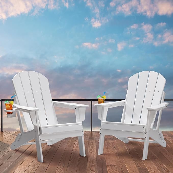 VEVOR Folding Adirondack Chairs Set of 2 with Cup Holder, All-Weather Portable Plastic Fire Pit Chair, Outdoor Adirondack Patio Chair, with Relaxing Arm Rest Ergonomic, for Garden, Backyard, White