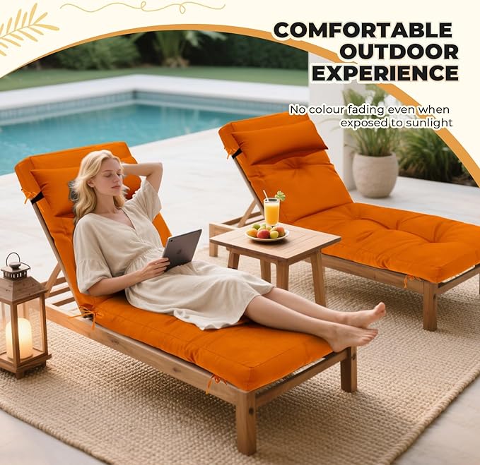 Waterproof Lounge Chair Cushion Outdoor for Chairs, Fade Resistant Chaise Lounger Replacement Cushions with 6 Ties, Thickened Memory Foam Pool Lounge Chair Cushions, 76 x 22 x 4.7 Inches,Orange
