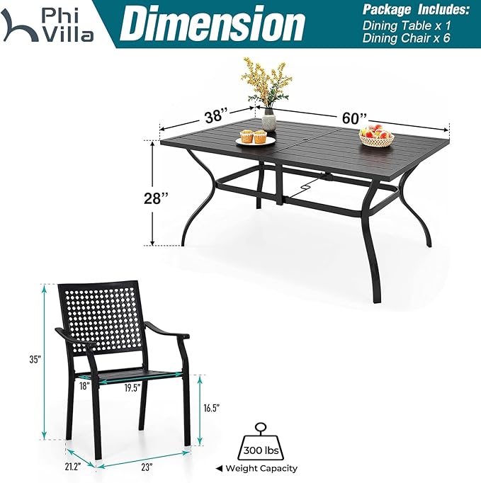 PHI VILLA 7 Pieces Outdoor Dining Set for 6, 60" Long Rectangular Iron Table & Stackable Metal Chairs with Cushions, Large Furniture Set for Patio, Porch, Yard, Deck
