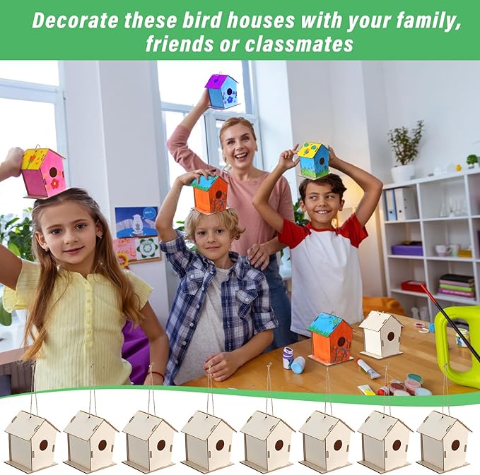 DoubleFill 100 Pcs 4.33" Wooden Bird Houses Bulk for Kids DIY Unfinished Hanging Birdhouse for Crafts Art Wood Toys boy Girl Class Activity Creative Project Parties Design Valentines Crafts