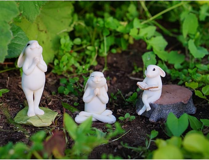 Top Collection Miniature Fairy Garden & Terrarium Bunny Reading on Stump Statue, Small,Ivory