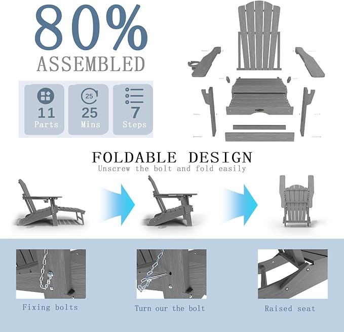 Folding Adjustable Adirondack Chairs with Ottoman & 1 Cup Holders, HDEP Multifunctional Adirondack Chair with Footrest,Grey