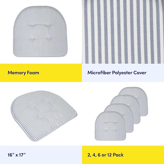 Sweet Home Collection Chair Cushion Memory Foam Pads Tufted Slip Non Skid Rubber Back U-Shaped 17" x 16" Seat Cover, 6 Count (Pack of 1), Pinstripe Blue