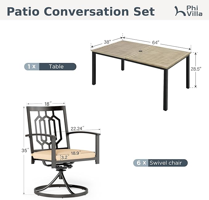 PHI VILLA 7 Pieces Outdoor Dining Set for 6, 65" Rectangular Wrought Iron Wood-Like Table with Umbrella Hole & Swivel Metal Steel Chairs, Outside Furniture Set for Patio, Porch, Deck, Backyard