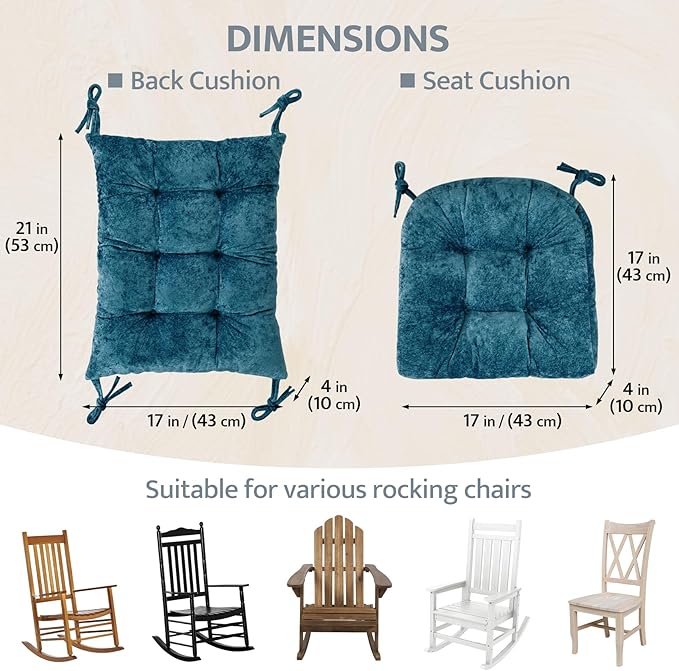 mudilun Rocking Chair Cushion Set - Non-Slip Tufted Rocking Chair Cushions with Ties Soft Indoor/Outdoor Wooden Rocking Chair Seat Pad for Porch Garden Cafe & Nursing