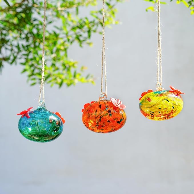 Set 3 Small Blown Glass Hummingbird Feeders for Outdoors Hanging with 2 Flower Feeding Ports 3inch Glass Humming Bird Feeders Garden Decor for Outside