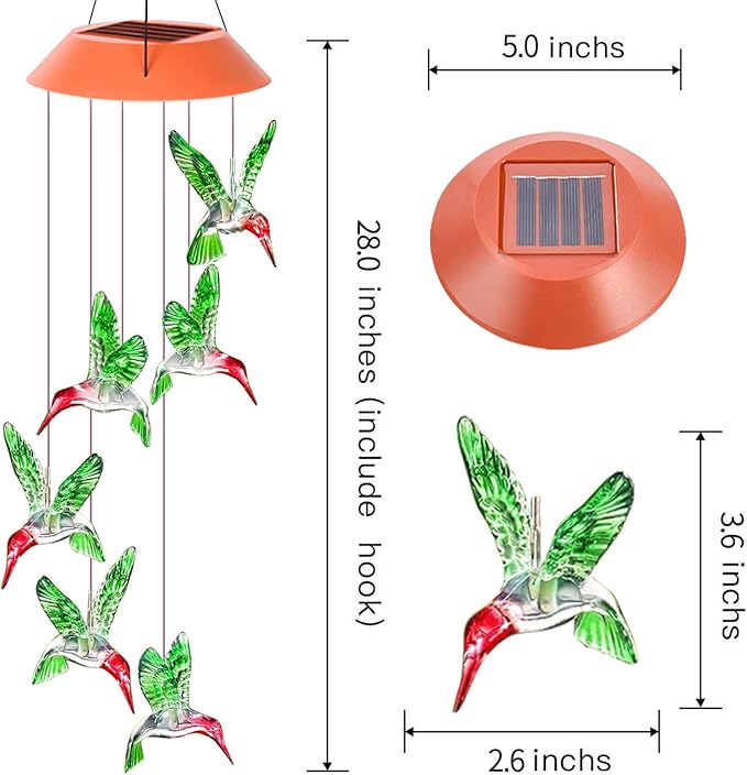Hummingbird Solar Wind Chimes, Hummingbird Wind Chimes for Outside,Best Gifts for Mom Grandma Women Wife Aunt Sister, Unique Mobile Wind Chime, Garden Yard Decor Red