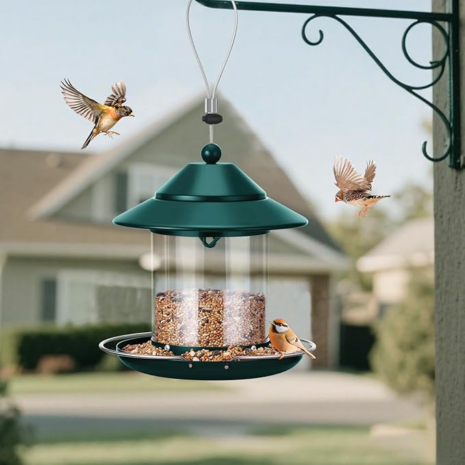 Metal Roof Bird Feeder, Hanging Bird Feeders for Outdoors with 2LB Clear Tube Seed Capacity for Viewing Cardinal Finch, 360° Feeding Small Wild BirdFeeders for Outside Garden Yard Decoration