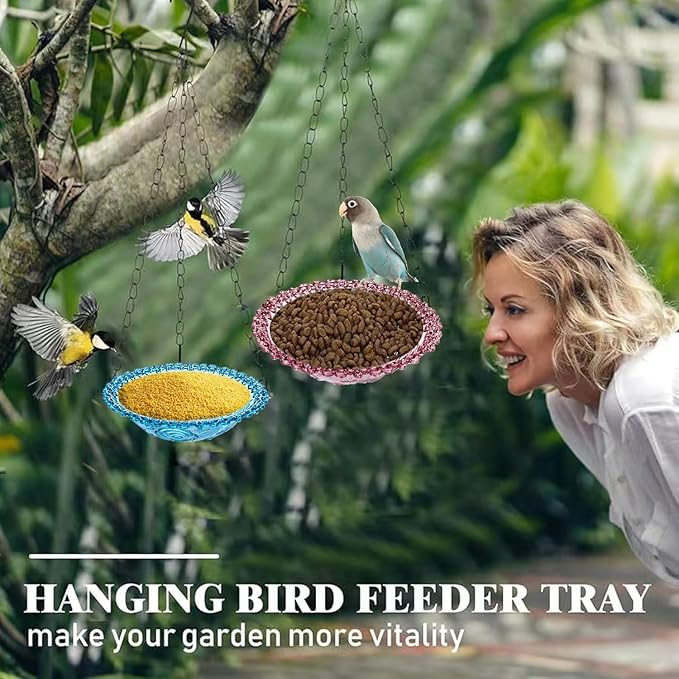 4 Pack Hanging Bird Baths Bowl Outdoor Bird Feeder 15.7 Inch Metal Chains, Weather-Resistant Hanging Bird Feeder & Bath Tray for Garden, Patio, Backyard Wildlife Decor