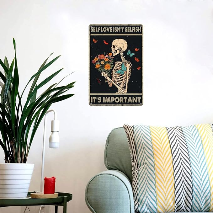 Vintage Flower Tin Signs Self Love Isn't Selfish It's Important Skull Metal Sign Wall Decor for Home Bedroom Kitchen Cafe Bar 12×8 Inch