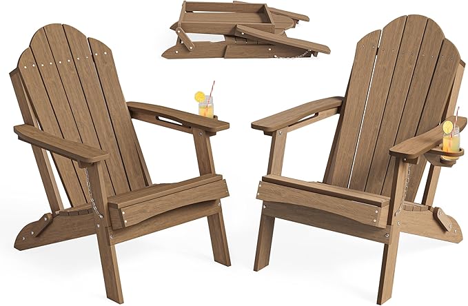 LUE BONA Folding Adirondack Chair, Chairs Set of 8, Cup Holder, Woodgrain, Fire Pit, Patio, Pool, Brown