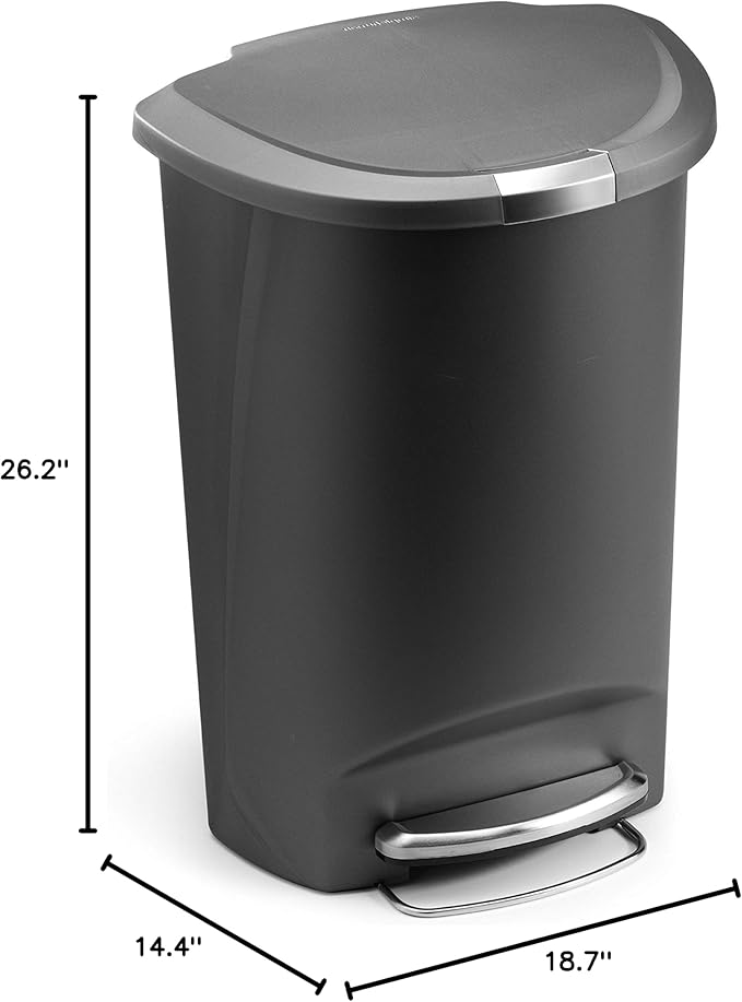 simplehuman 50 Liter / 13 Gallon Semi-Round Kitchen Step Trash Can with Secure Slide Lock, Grey Plastic
