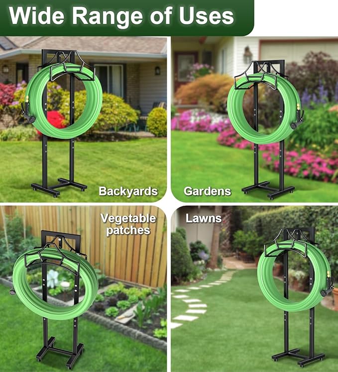 Garbuildman Garden Hose Holder With 4 Spikes, Freestanding Metal Hose Stand for Outdoor Garden, Detachable Hose Storage Rack for Lawn & Yard, Shiny Black