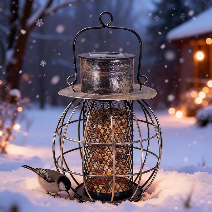 Metal Bird Feeder for Outdoors Hanging,Squirrel Proof Bird Feeder for Wild Birds,Solar Lantern Feeder for Small Birds, Garden Decor for Outside,Unique Gifts for Mom, Grandma (Bronze)