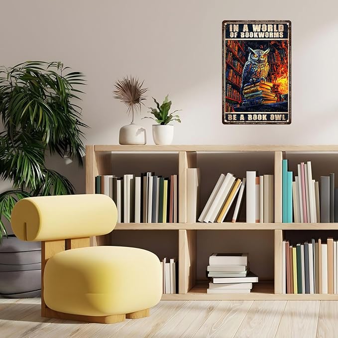 Vintage Owl Decor Retro Metal Poster In a World Full of Bookworms Be a Book Owl Wall Art Study Decor for Home Kitchen Bar Cafe Bathroom Club Cave Wall 8x12inch