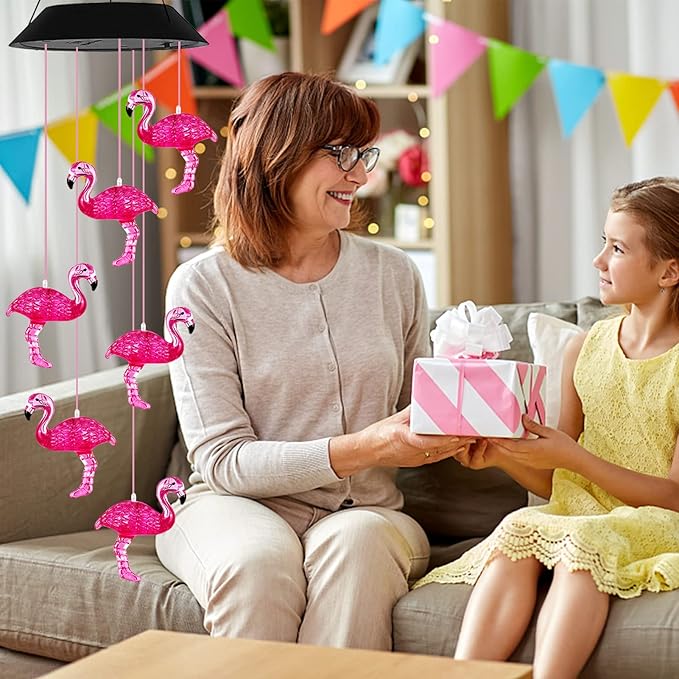 Solar Wind Chimes Flamingo,Birthday Gifts for Mom Grandma Dad, IP65 Waterproof Memorial with 7 Color Changing LED Lights, Outdoor Decor Garden Yard Decorations