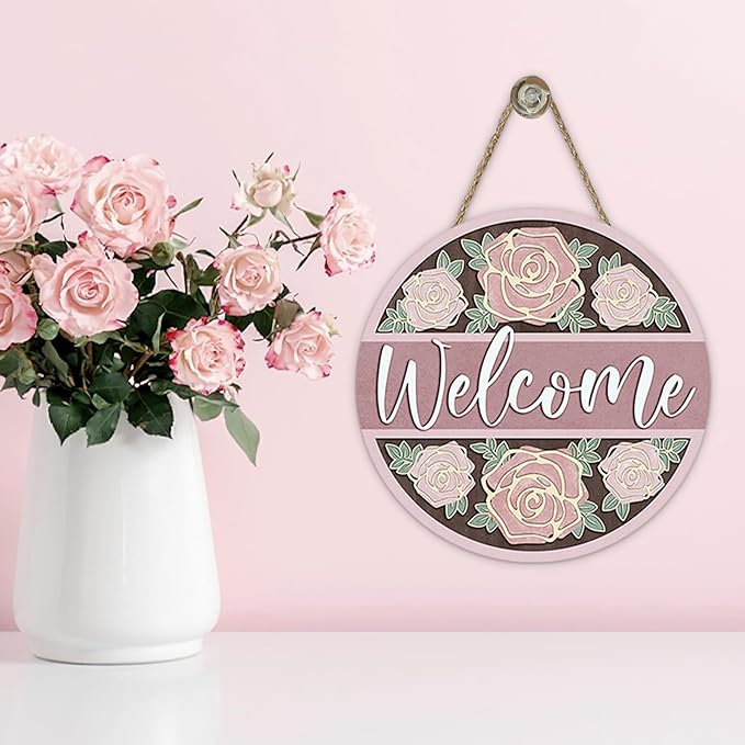 Welcome Pink Rose Flower Front Door Sign, Floral Wood Hanger Outdoor Outside Porch Home Decor, Spring Summer Wooden Wreath Indoor Wall Hanging Decoration