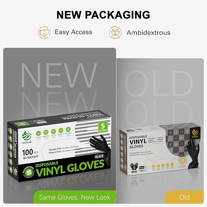 Black Vinyl Gloves, Food Grade Gloves Disposable Latex Free & Powder Free, Guantes for Cleaning Cooking Food Prep