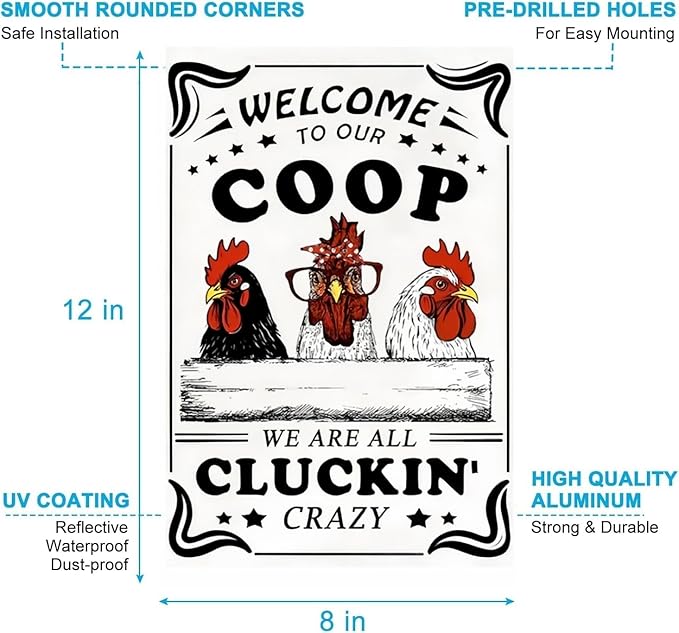 Funny Chicken Sign โ Retro Tin Sign for Coop, Farmhouse, or Kitchen Wall, Cute Farm Animal Decor for Chicken Lovers, 12x8 Inch