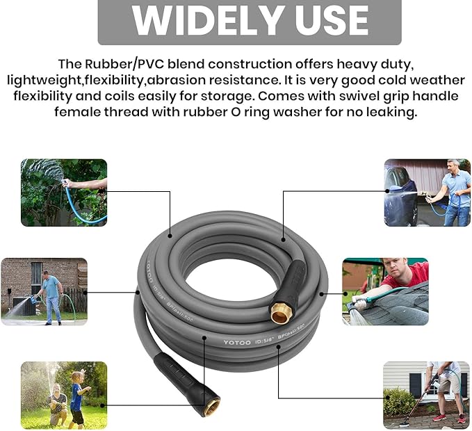YOTOO Heavy Duty Hybrid Garden Water Hose 5/8-Inch by 75-Feet 150 PSI Kink Resistant, Flexible with Swivel Grip Handle and 3/4" GHT Solid Brass Fittings, Gray