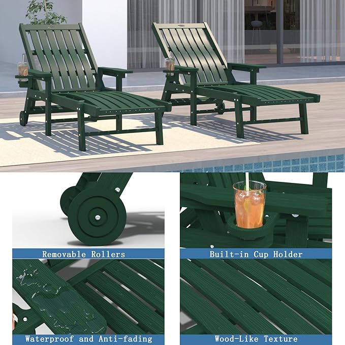 Patio Chaise Lounge Chair, Oversized Lounge Chair Outdoor with 5 Positions, HDPE, Patio Lounge Chair with Wheels & Cup Holder for Pool, Deck, Poolside,Green
