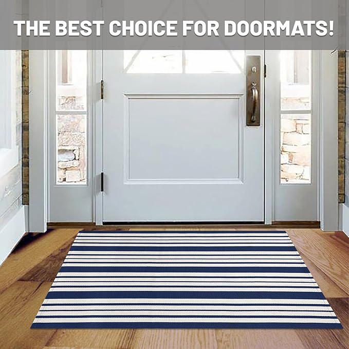 IOHOUZE Navy and White Striped Rug 2.3'x3.6' Front Door Rugs Outdoor, Small Washable Area Rug for Front Porch, Spring Summer Doormats Outdoor Indoor, Cotton Rugs for Entryway Porch Entrance