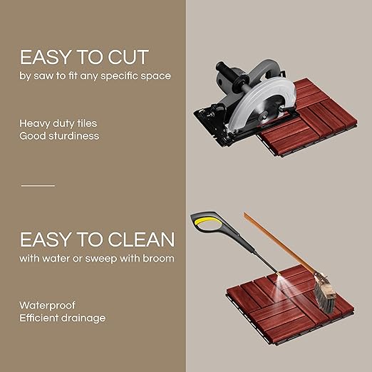 10 Pcs Deck Tiles, Patio Flooring - Outdoor Waterproof Acacia Wood Tiles for All Weather Use - Balcony, Backyard, Indoor & Outdoor (Natural Rosewood, 10 Square Ft)