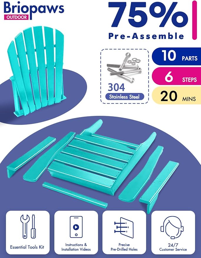BRIOPAWS Adirondack-Chairs-Set of 6 | Fire Pit Chair | Oversized | HDPE Plastic | Weather Resistant | for Deck Outdoor Poolside Campfire | Aqua