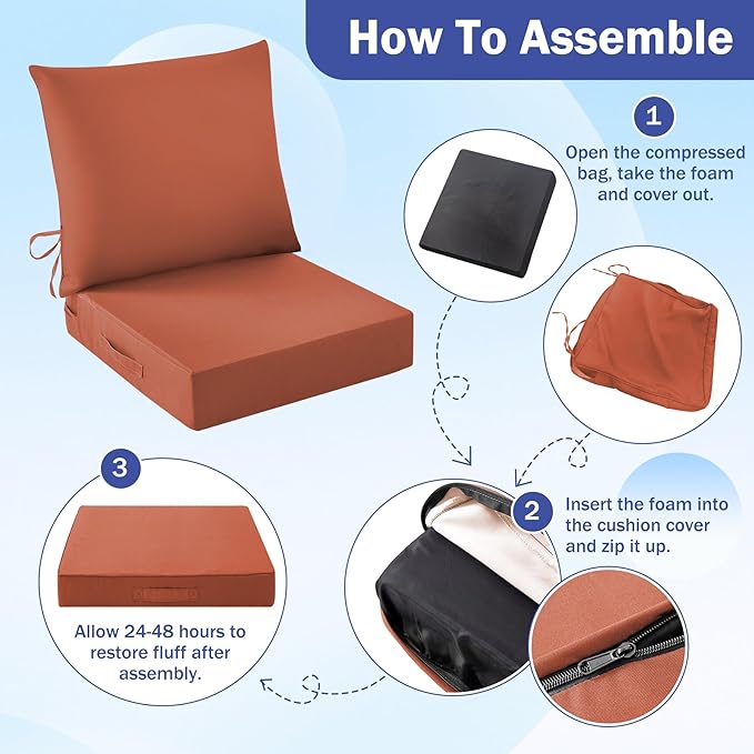 Outdoor Seat Cushion Set, Waterproof & Fade Resistant Patio Chair Cushions, Outdoors Cushion for Patio Furniture, 24 x 24 x 5.75 Inch, Outdoor Couch Cushions with Handle and Ties, Spice