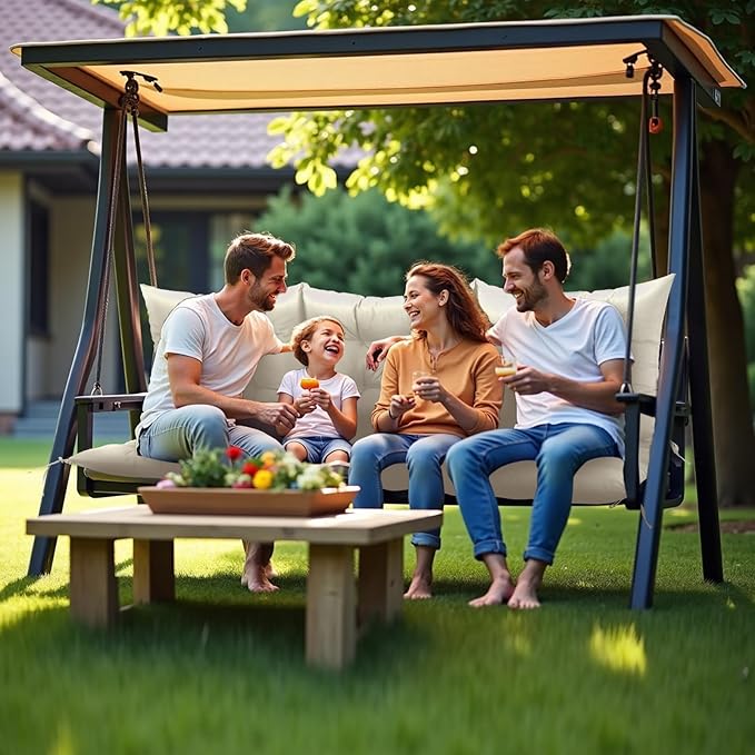 NACATIN 3 Seat Cushion for Outdoor Swing - 60x40 inches, 4" Thick Porch Swing Cushions with Ties and Storage Bag, Waterproof Bench Cushions for Patio, Outdoor, Backyard and Garden (Beige)