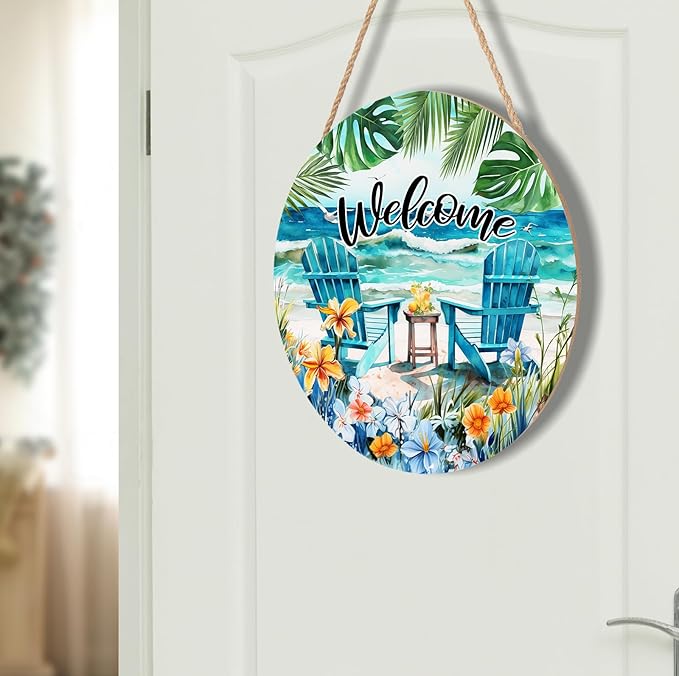 Welcome Sea Chair Front Door Sign 12 X 12 Inches Summer Door Hanger Wall Pediment Round Wooden Beach Wreaths for Front Door, Farmhouse Summer Welcome Wall Hanging