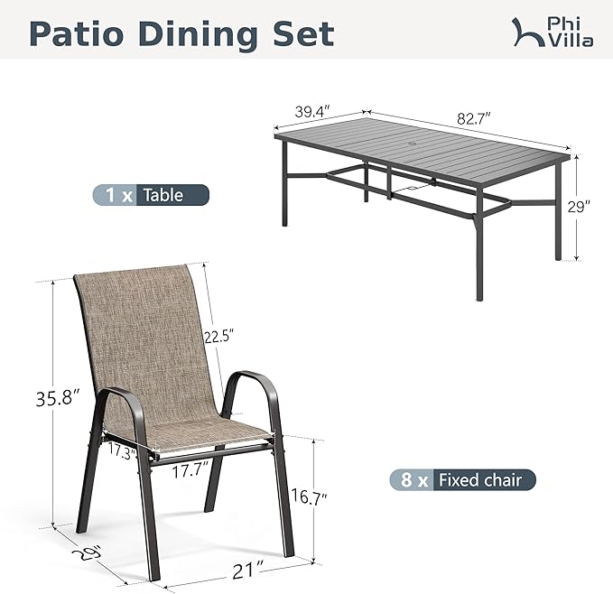 PHI VILLA 9 Piece Patio Table and Chairs Set for 8 Person, Large Metal Slat Rectangle Table and Stackable Patio Chairs with Textilene Mesh Fabric, All Weather Patio Furniture Set for Deck Lawn Garden