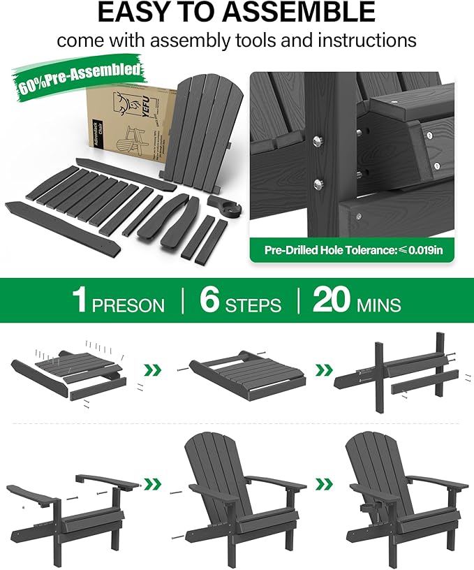 YEFU Adirondack Chairs Set of 6: Plastic Adirondack Chairs - Patio Chairs with Wood Texture - Outdoor Chair HIPS - Lawn Fire Pit Deck Porch Garden Chairs for Adults (Dark Grey)
