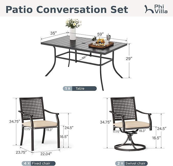 PHI VILLA 7 Pieces Outdoor Dining Set for 6, 59" Rectangle Metal Table with Umbrella Hole & Swivel Fixed Chairs with Cushions, Modern Wrought Iron Furniture for Patio, Deck, Yard, Porch
