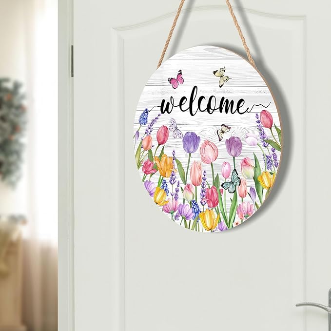 Welcome Spring Summer Tulip Flower Door Sign For Front Door Decor,Floral Butterfly Wooden Sign 12"x 12" Round Hanging Door Sign Decoration for Wall Rustic Decor
