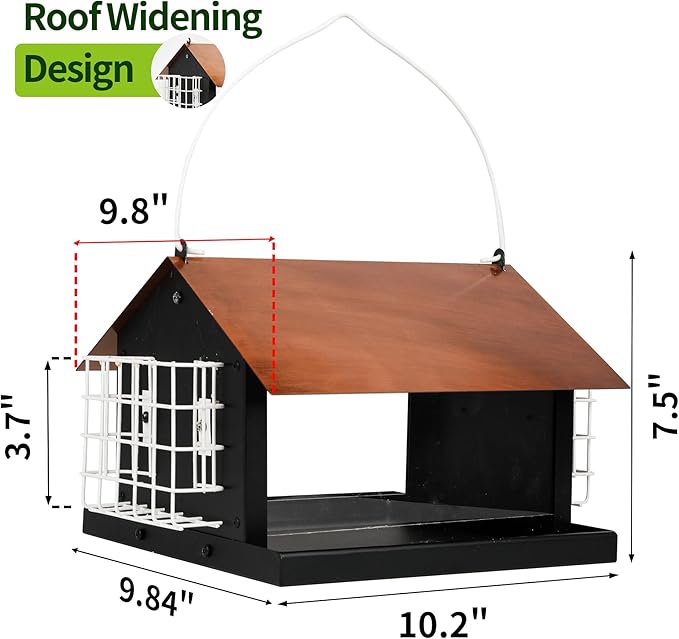 Solution4Patio Bird Feeders for Outdoors Hanging, All Metal, Double Suet Cake and Large Capacity, Hopper Tray & Weatherproof for Finch, Cardinal & Chickadee (Brown)
