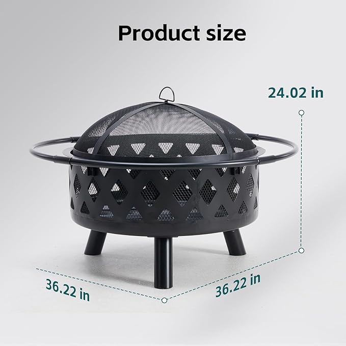 OLIXIS 36 Inch Wood Burning Fire Pit, Round Fire Pits for Outside with Spark Cover Fire Poker, Outdoor Firepit for Patio, Backyard, Garden, Bonfire Party, Black