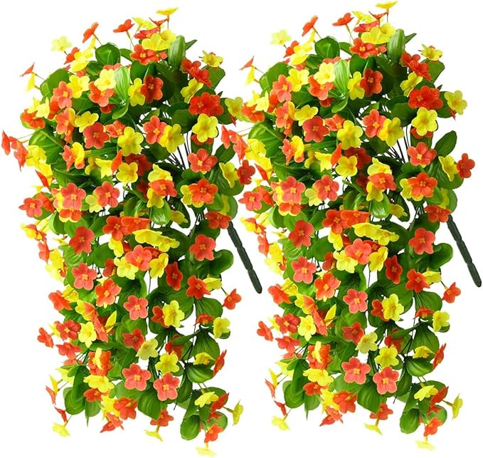 Artificial Fake Hanging Flowers for Outdoors, 2 Pcs Artificial Hanging Plants Outdoors Spring Summer Decor, UV Resistant Faux Violet Silk Flowers for Planters Front Door Yard Garden(Orange Yellow)