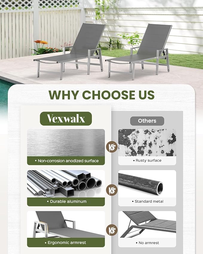 Patio Chaise Lounge Chair Outdoor with Wheels&Armrests, Aluminum Pool Lounge Chairs 5-Position Adjustable Recliner, Outdoor Beach Lounge Chairs for Poolside, Patio, Deck, Yard, Dark Gray